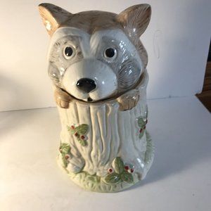 Vintage Cetamic Racoon In Tree Stump
